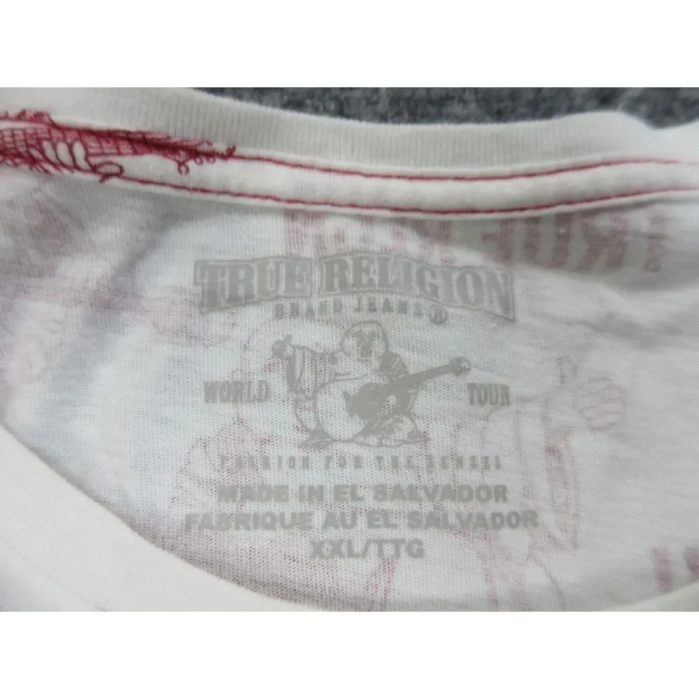 True Religion Shirt Mens 2XL‎ XXL Red White All Over Print Buddha Guitar Logo